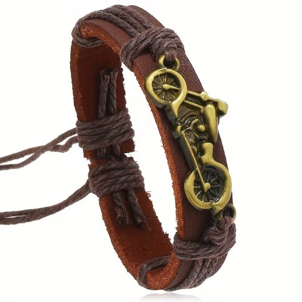 Genuine Leather Motorcycle Bracelet Mens Bohemian Metal Charm New Brown